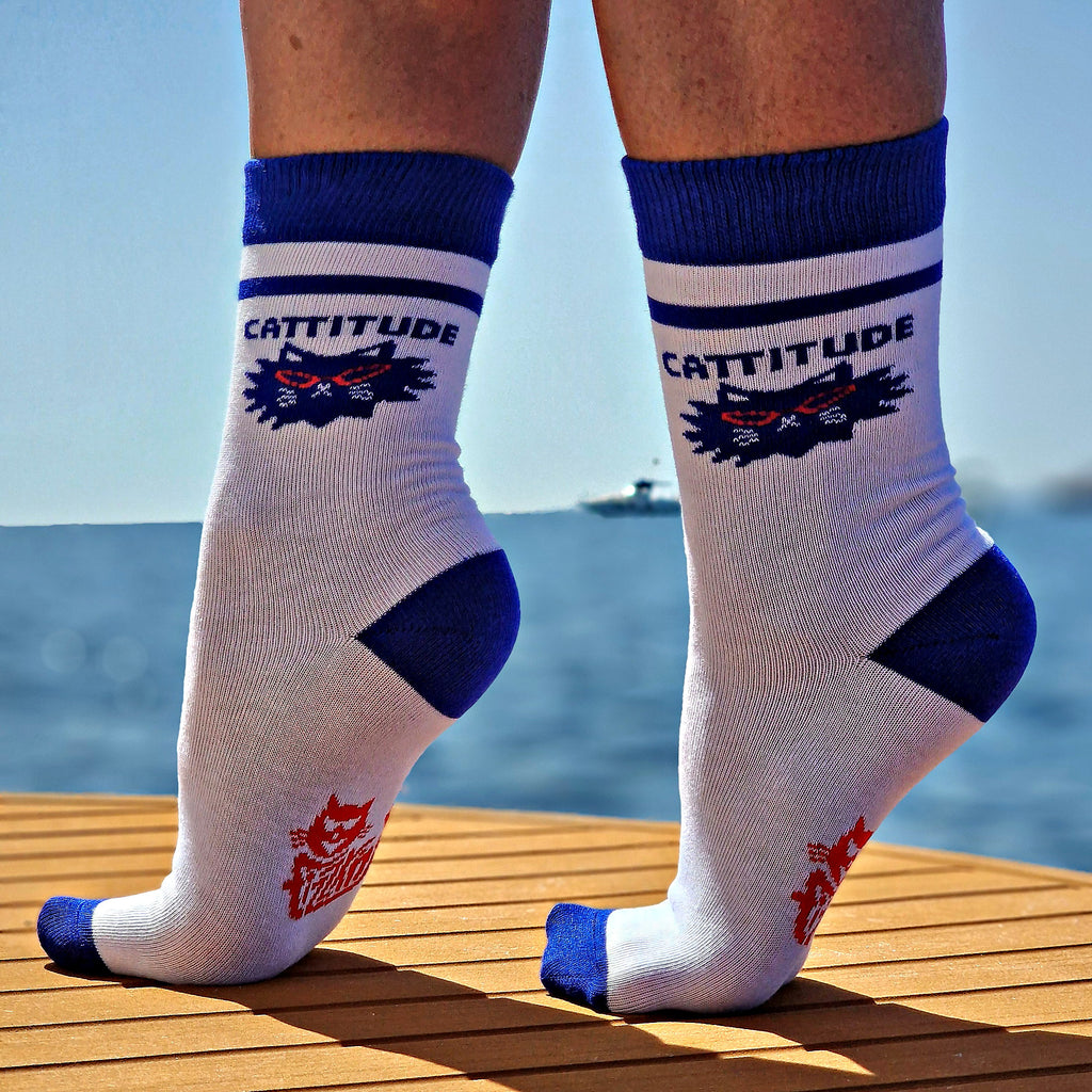 FIZZKINI Cattitude Crew Socks – Blue & White