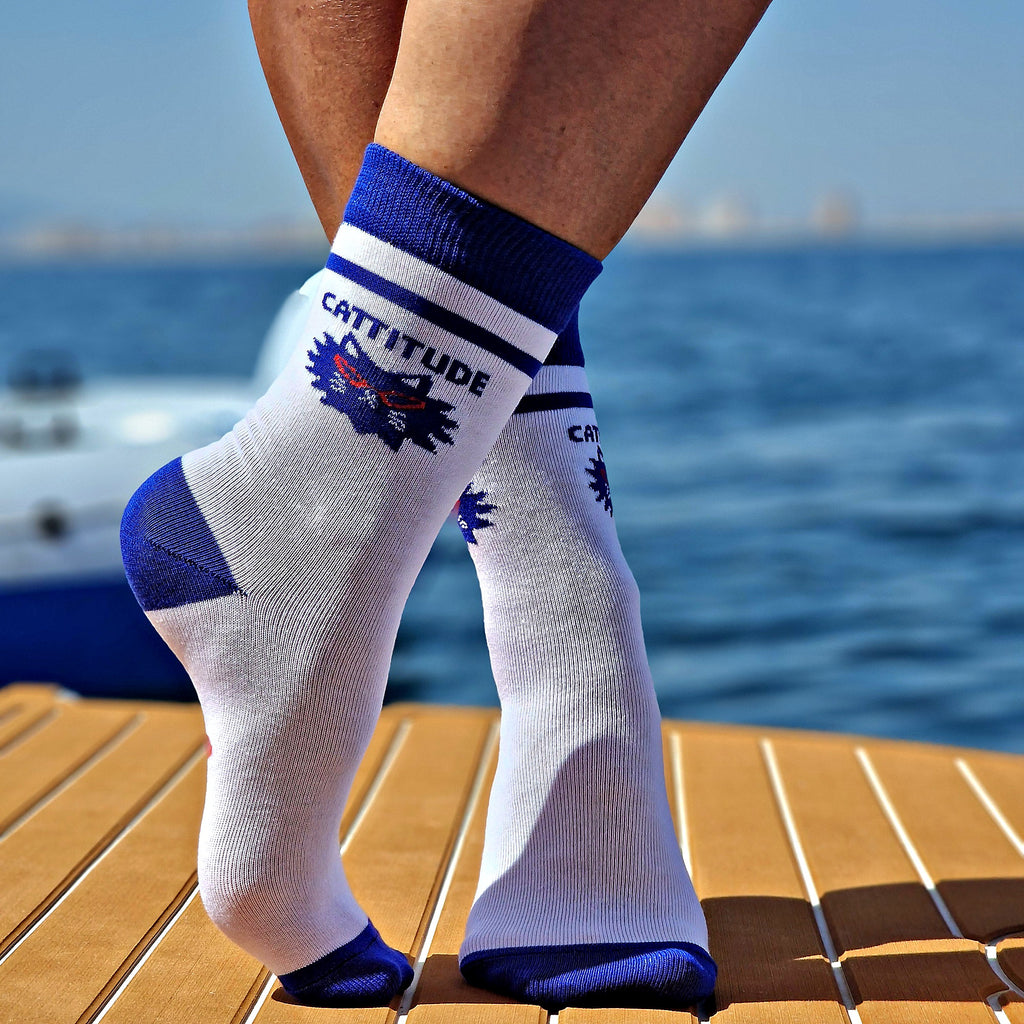 FIZZKINI Cattitude Crew Socks – Blue & White