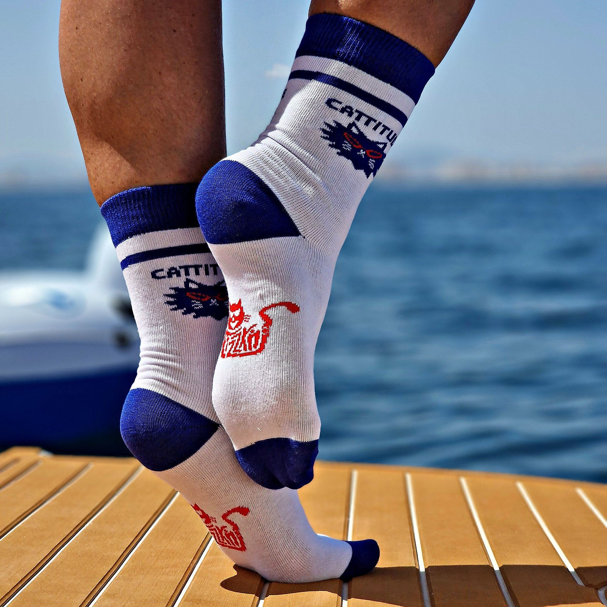 FIZZKINI Cattitude Crew Socks – Blue & White