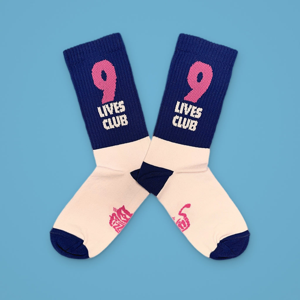 FIZZKINI 9 Lives Club Crew Socks – Blue & White