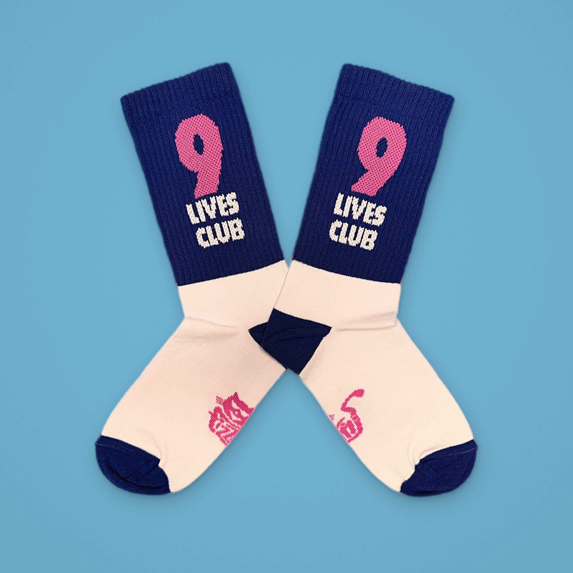 FIZZKINI 9 Lives Club Crew Socks – Blue & White