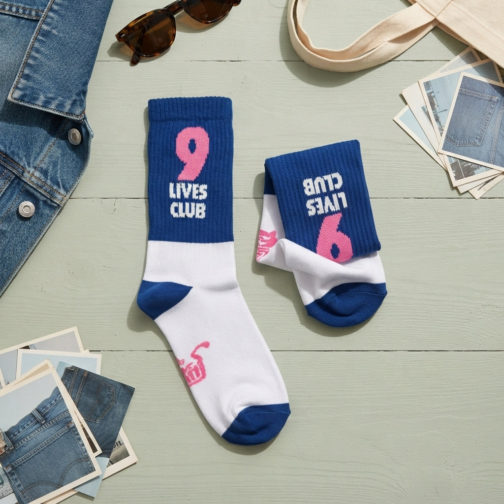 FIZZKINI 9 Lives Club Crew Socks – Blue & White