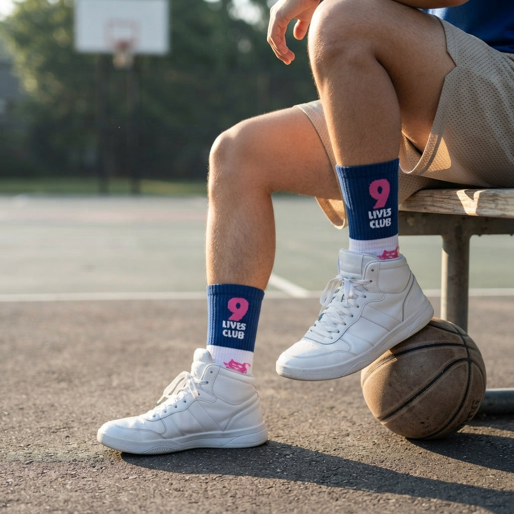 FIZZKINI 9 Lives Club Crew Socks – Blue & White