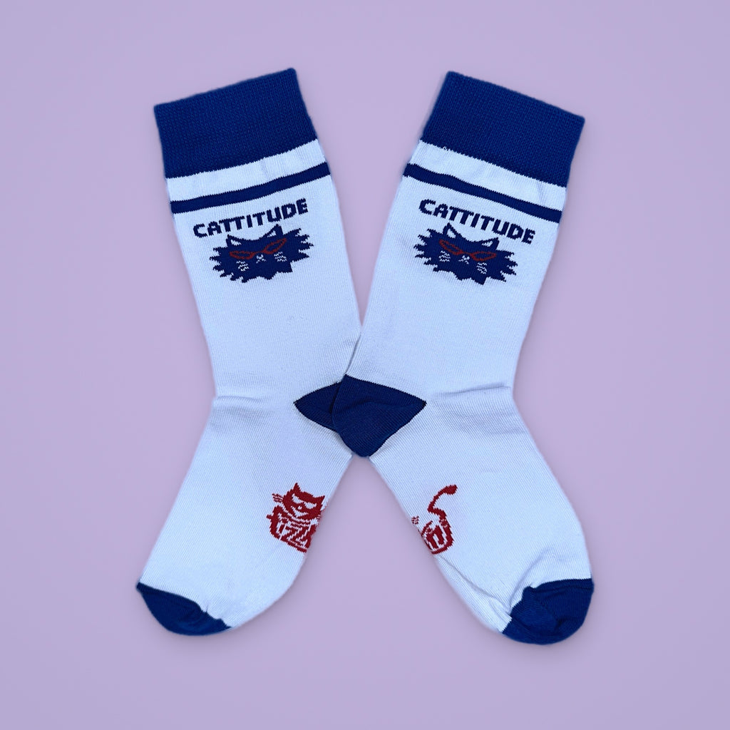 FIZZKINI Cattitude Crew Socks – Blue & White