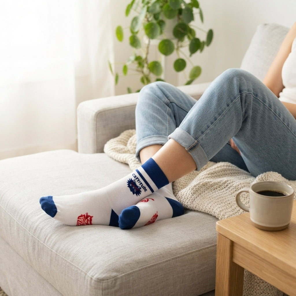 FIZZKINI Cattitude Crew Socks – Blue & White