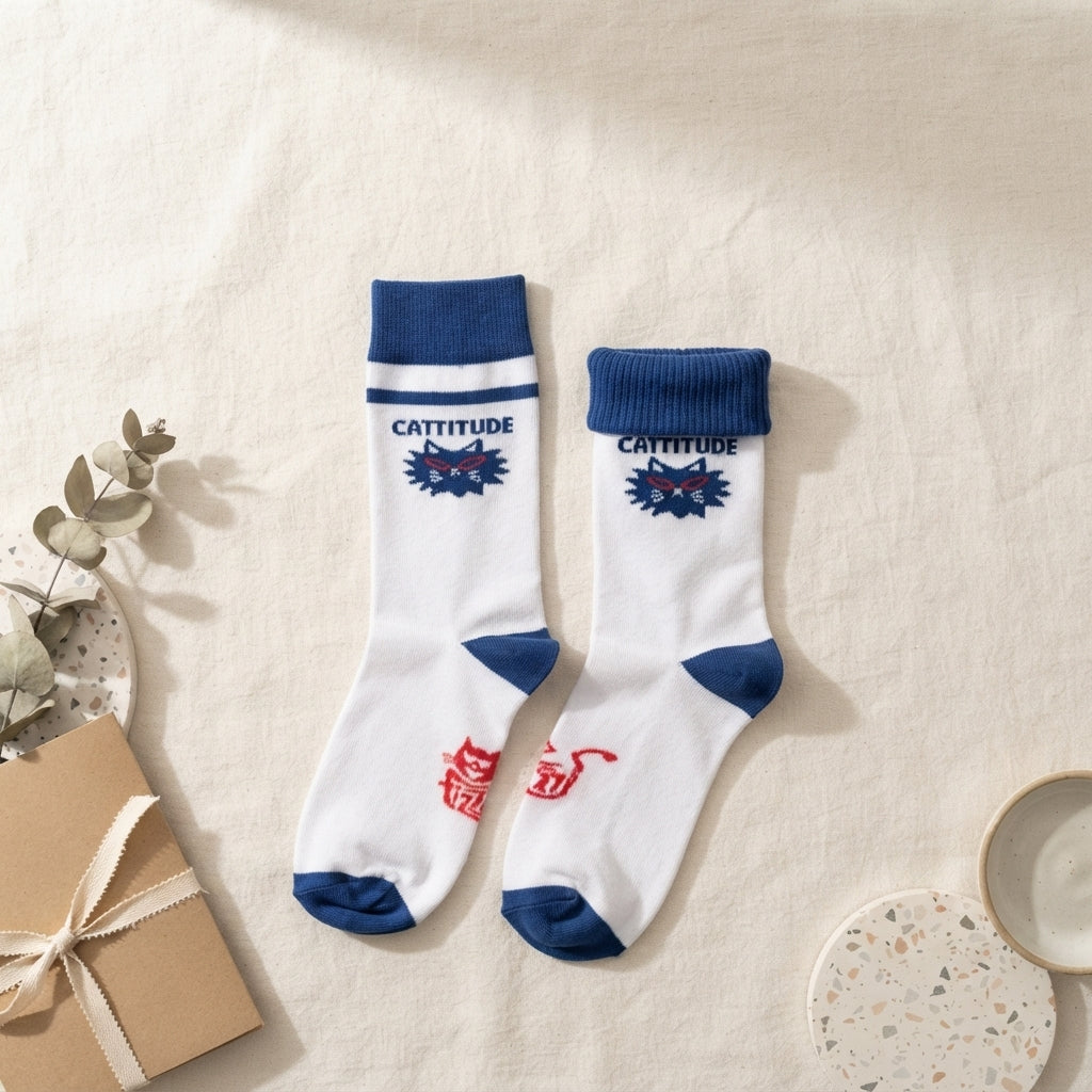 FIZZKINI Cattitude Crew Socks – Blue & White