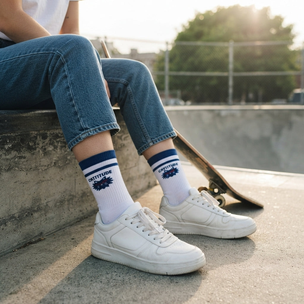 FIZZKINI Cattitude Crew Socks – Blue & White