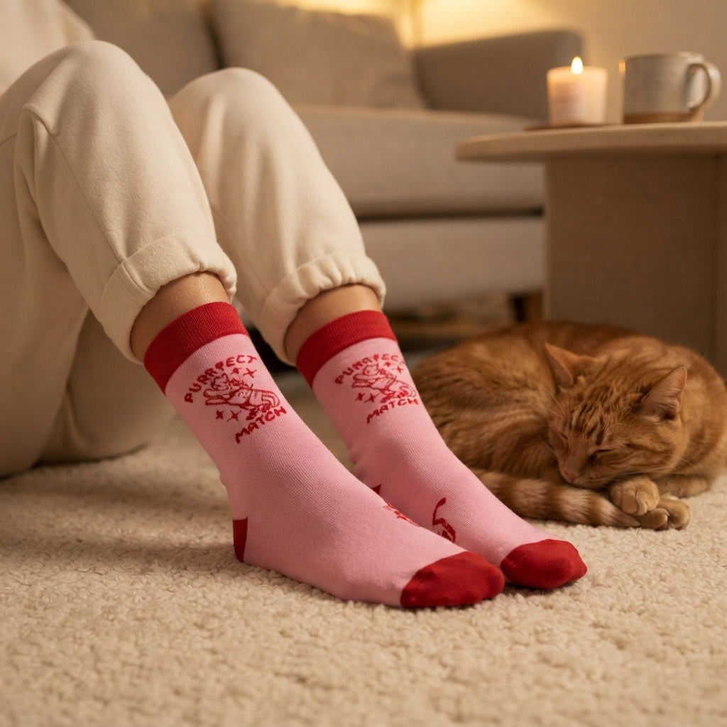 A person sitting on a carpeted floor wearing light pink crew socks with red toes, heels, and cuffs, and a red printed graphic. An orange cat is sleeping on the floor beside them, with a couch and a lit candle in the background.