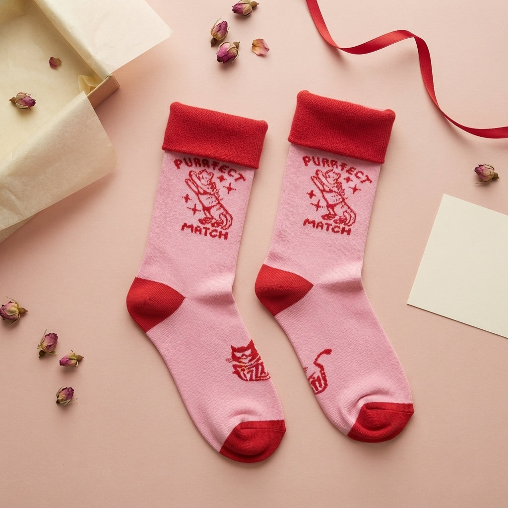 FIZZKINI Purrfect Match Crew Socks – Pink & Red