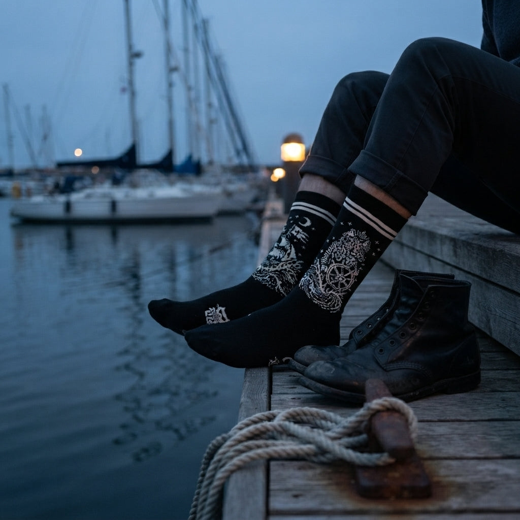 FIZZKINI Sailor Captain Cat Socks – Black & White